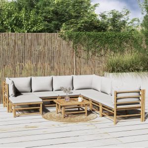 Set Salotto Da Giardino 9pz Con Cuscini Grigio Chiaro Bambù