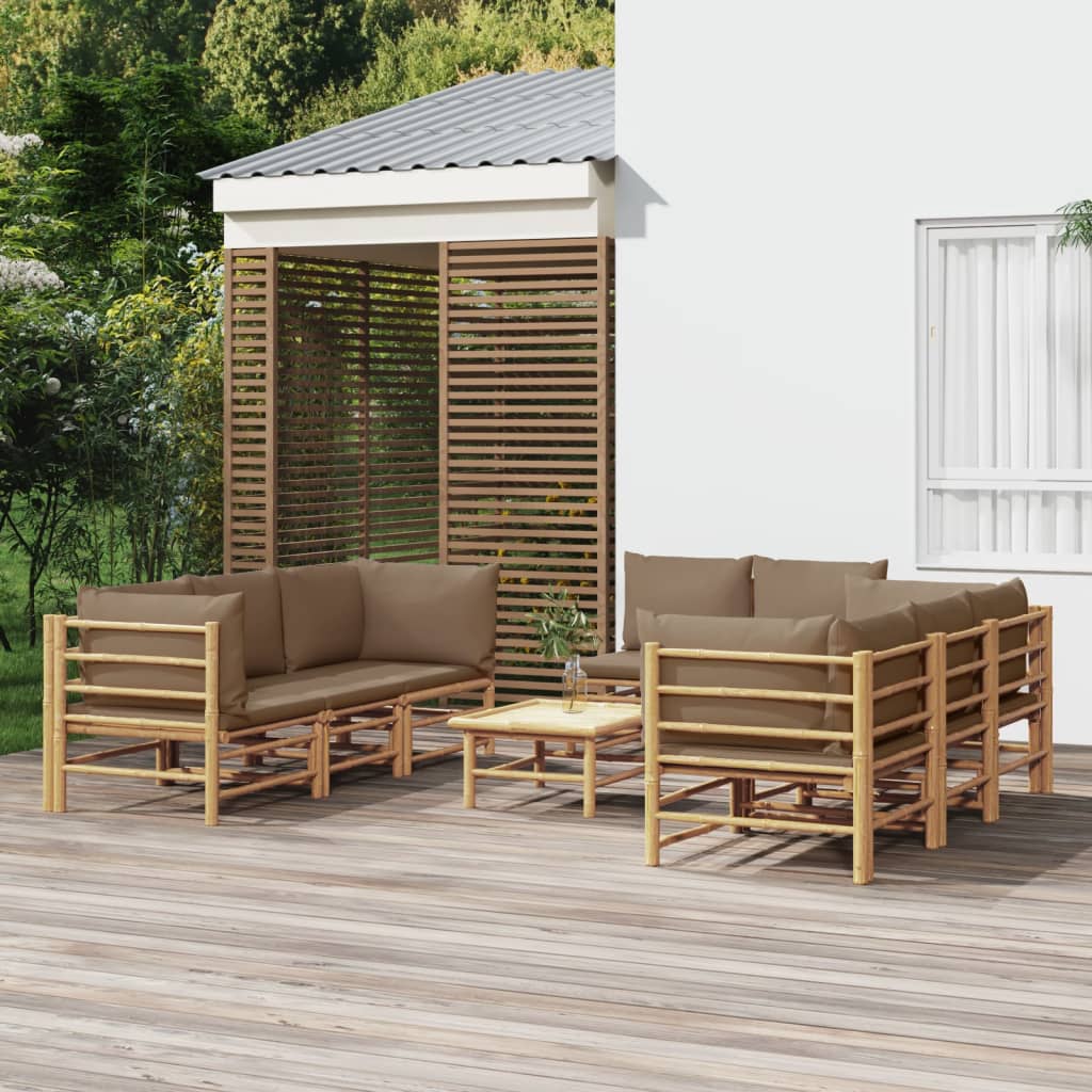 Set Salotto Da Giardino 9pz Con Cuscini Tortora Bambù