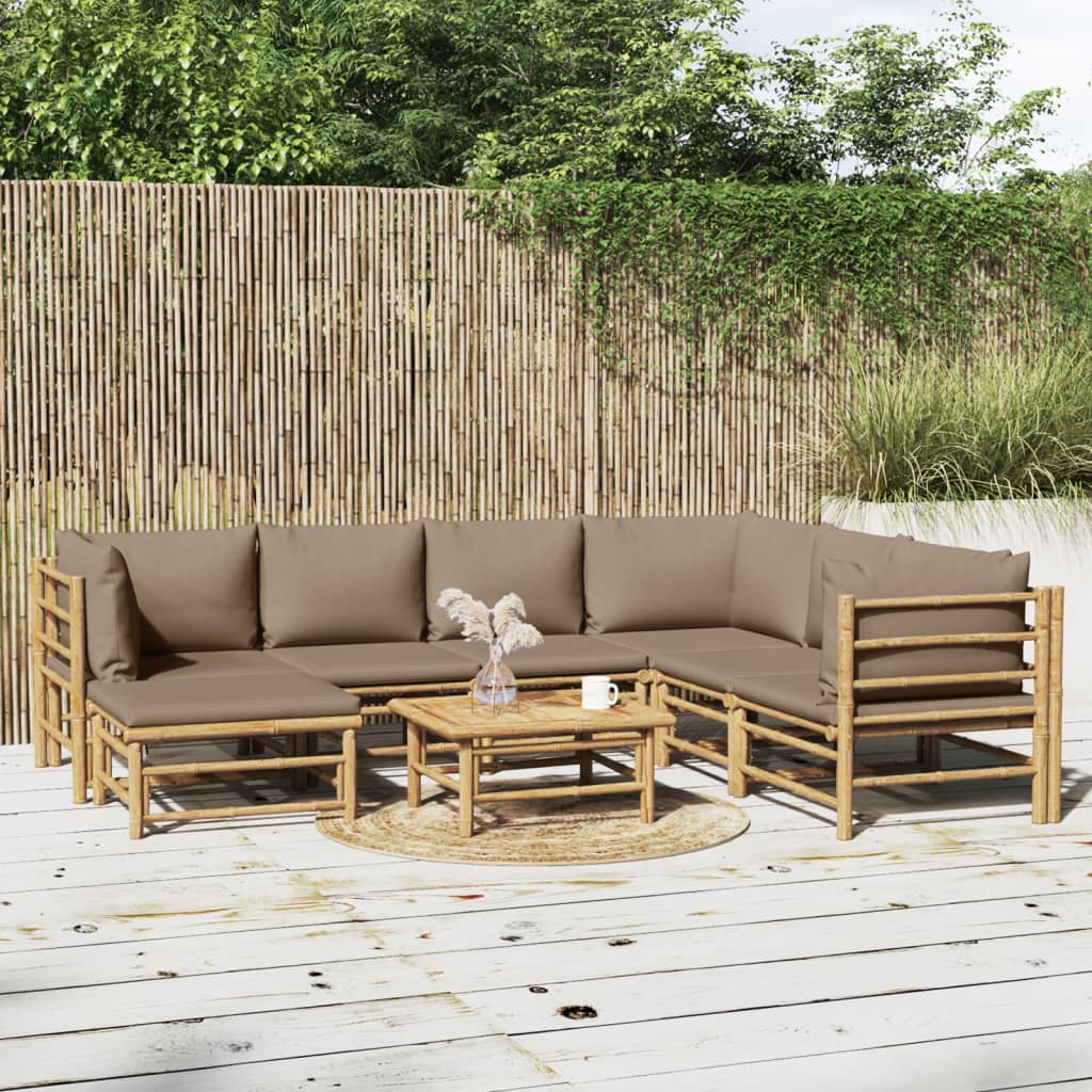 Set Salotto Da Giardino 8pz Con Cuscini Tortora Bambù