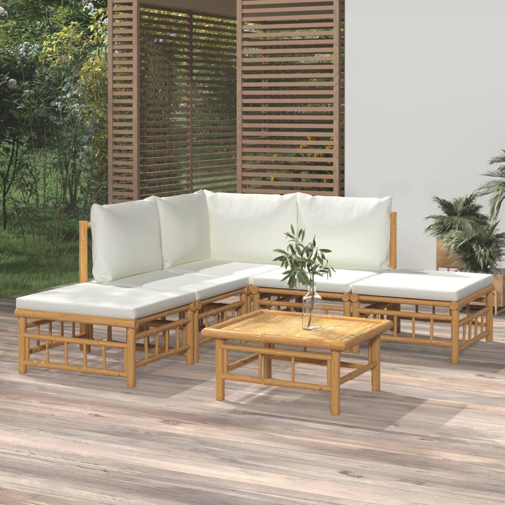 Set Salotto Da Giardino 6pz Con Cuscini Bianco Crema In Bambù