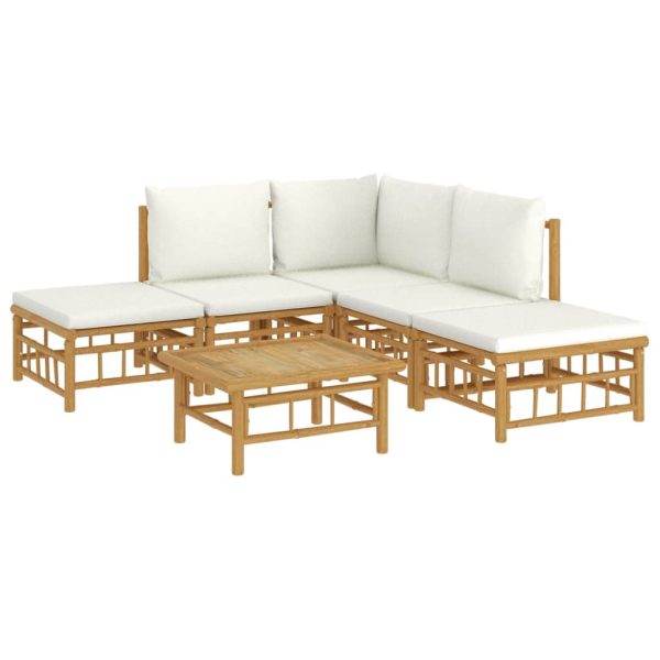 Set Salotto Da Giardino 6pz Con Cuscini Bianco Crema In Bambù - Image 3