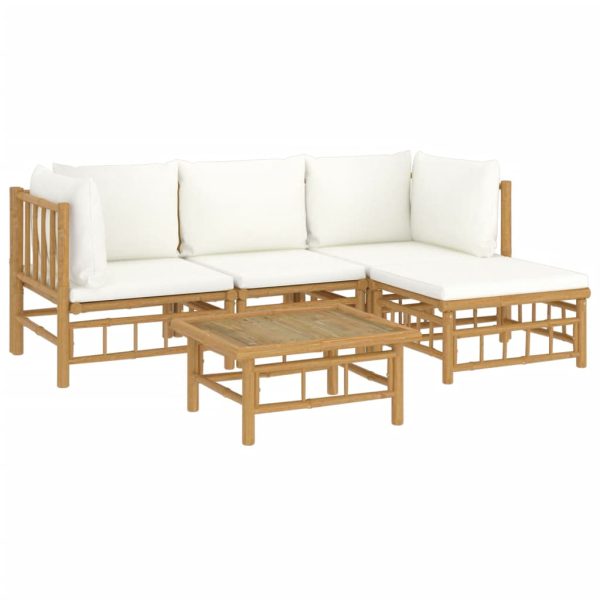 Set Salotto Da Giardino 5pz Con Cuscini Bianco Crema In Bambù - Image 3