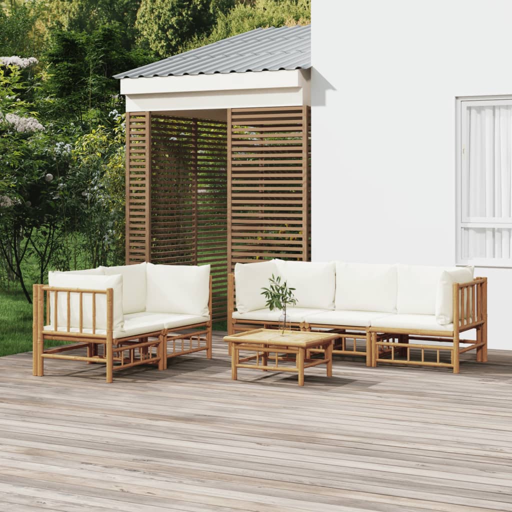 Set Salotto Da Giardino 6pz Con Cuscini Bianco Crema In Bambù