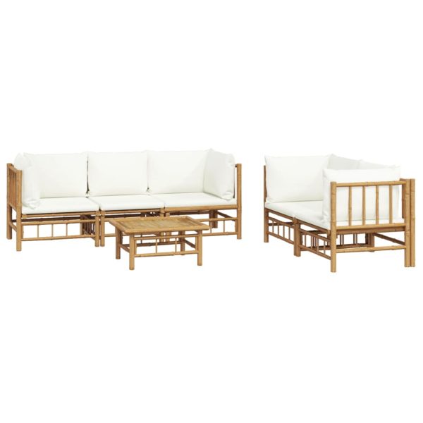Set Salotto Da Giardino 6pz Con Cuscini Bianco Crema In Bambù - Image 3