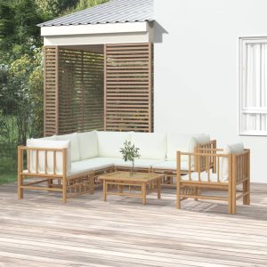 Set Salotto Da Giardino 7pz Con Cuscini Bianco Crema In Bambù