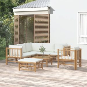 Set Salotto Da Giardino 8pz Con Cuscini Bianco Crema In Bambù