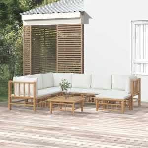 Set Salotto Da Giardino 8pz Con Cuscini Bianco Crema In Bambù