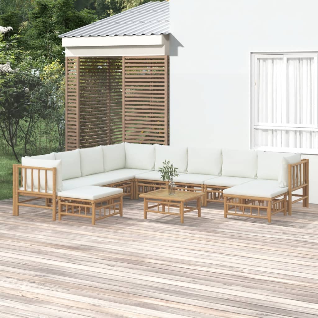 Set Salotto Da Giardino 11pz Con Cuscini Bianco Crema In Bambù