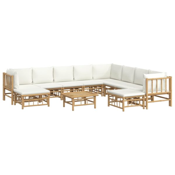 Set Salotto Da Giardino 11pz Con Cuscini Bianco Crema In Bambù - Image 3