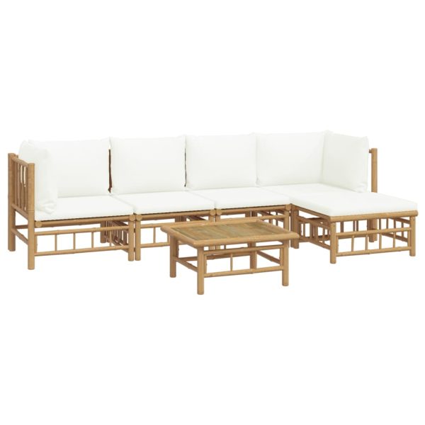 Set Salotto Da Giardino 6pz Con Cuscini Bianco Crema In Bambù - Image 3
