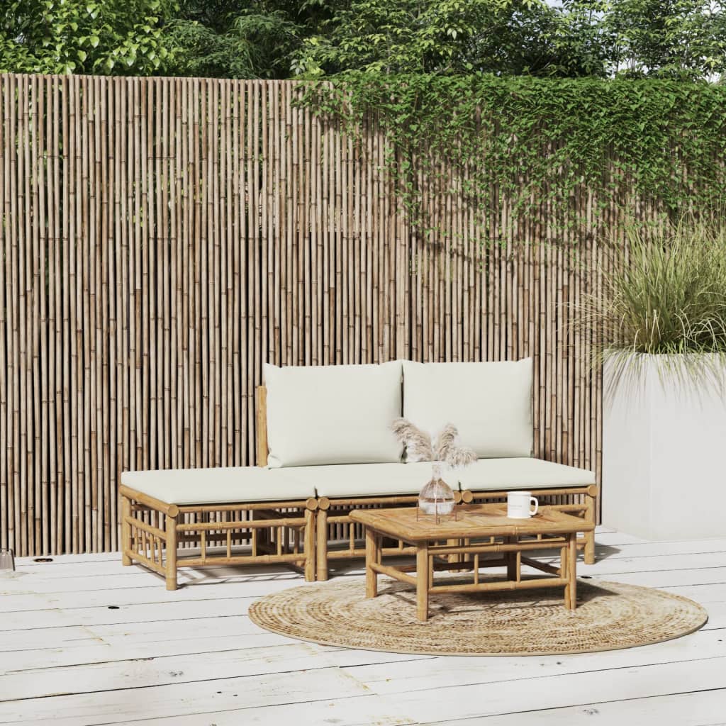 Set Salotto Da Giardino 4pz Con Cuscini Bianco Crema In Bambù