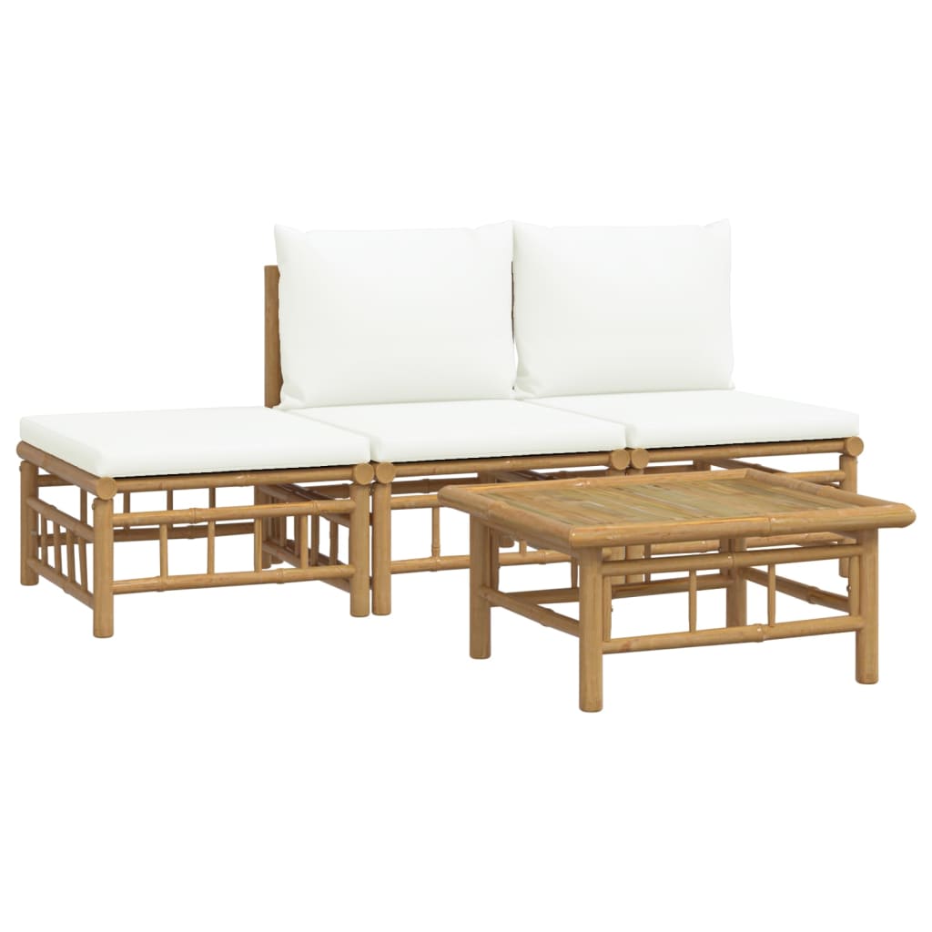 Set Salotto Da Giardino 4pz Con Cuscini Bianco Crema In Bambù - Image 3