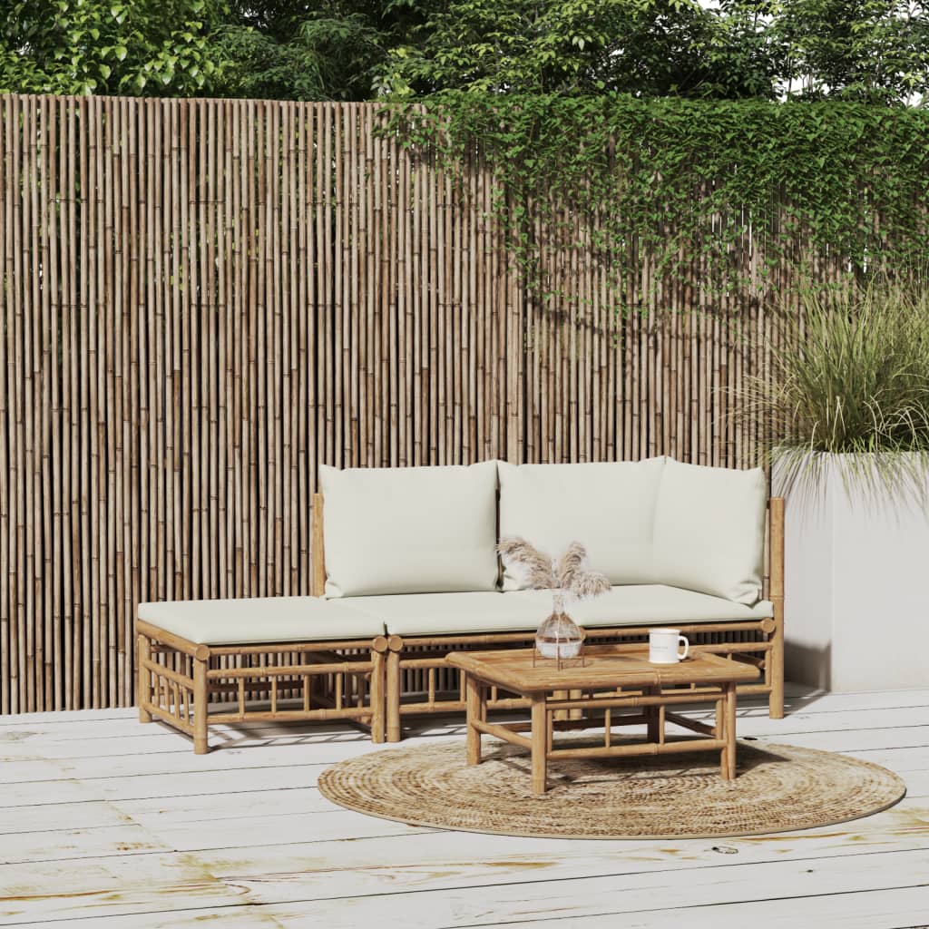 Set Salotto Da Giardino 3pz Con Cuscini Bianco Crema In Bambù