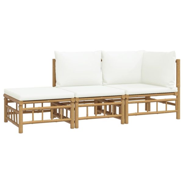 Set Salotto Da Giardino 3pz Con Cuscini Bianco Crema In Bambù - Image 3