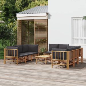 Set Salotto Da Giardino 9pz Con Cuscini Grigio Scuro Bambù