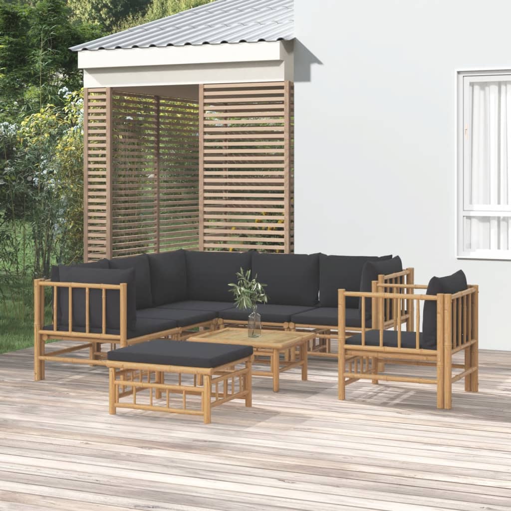 Set Salotto Da Giardino 8pz Con Cuscini Grigio Scuro Bambù