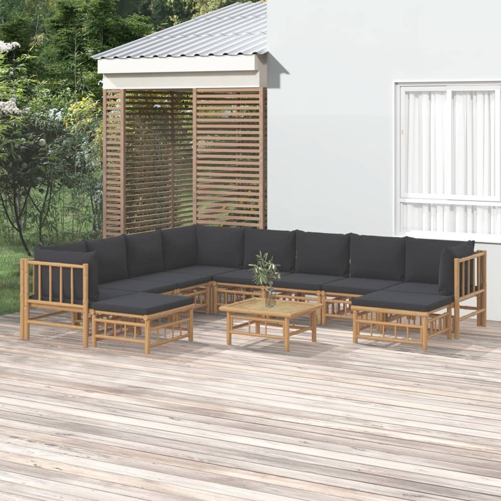 Set Salotto Da Giardino 11pz Con Cuscini Grigio Scuro Bambù