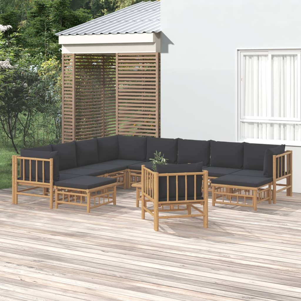 Set Salotto Da Giardino 12pz Con Cuscini Grigio Scuro Bambù