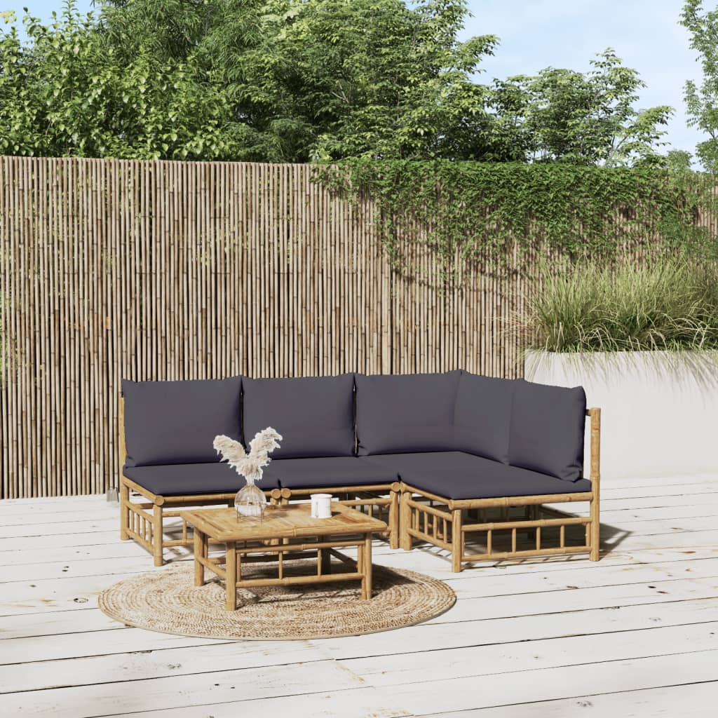 Set Salotto Da Giardino 5pz Con Cuscini Grigio Scuro Bambù