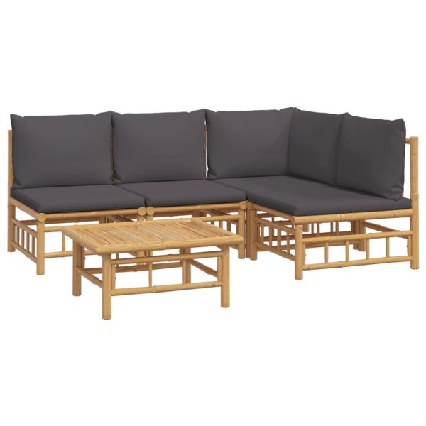 Set Salotto Da Giardino 5pz Con Cuscini Grigio Scuro Bambù - Image 3