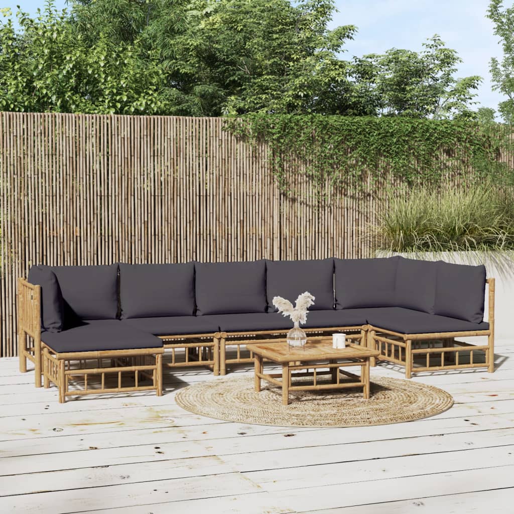 Set Salotto Da Giardino 8pz Con Cuscini Grigio Scuro Bambù