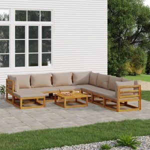 Set Salotto Da Giardino 9pz Con Cuscini Tortora Legno Massello