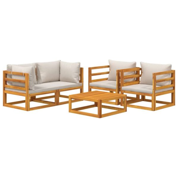 Set Salotto Giardino 5pz Cuscini Grigio Chiaro Legno Massello - Image 3