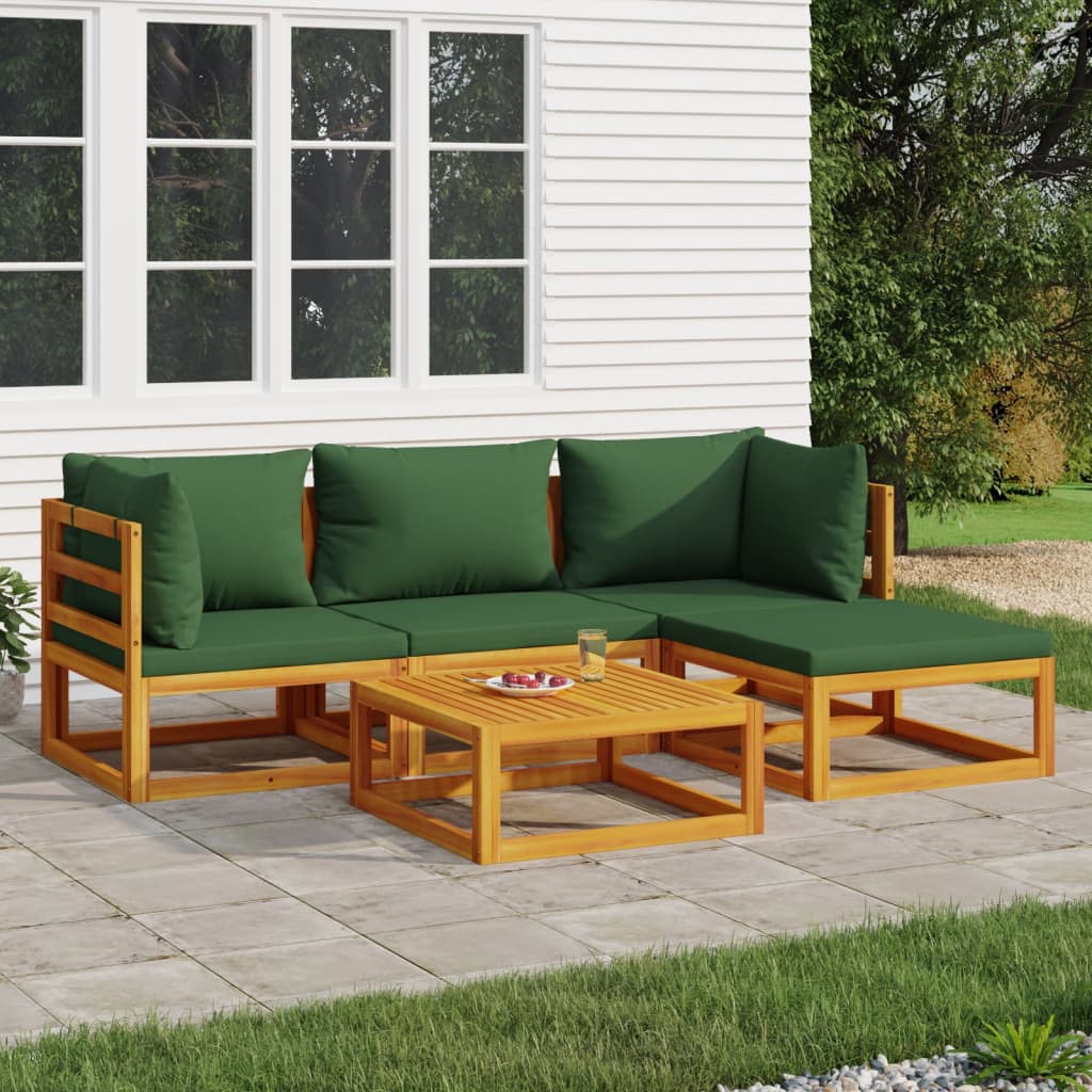Set Salotto Da Giardino 5pz Con Cuscini Verdi Legno Massello