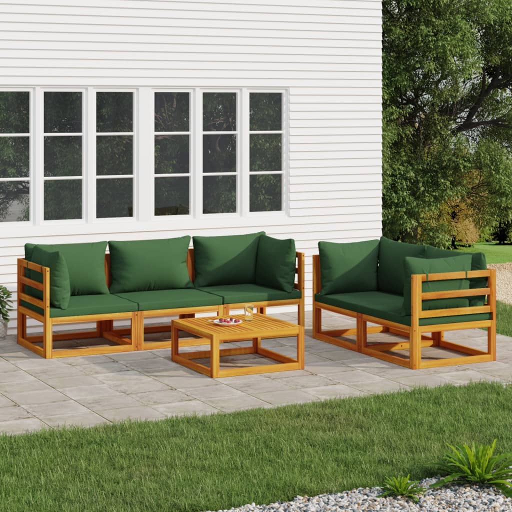 Set Salotto Da Giardino 6pz Con Cuscini Verdi In Legno Massello