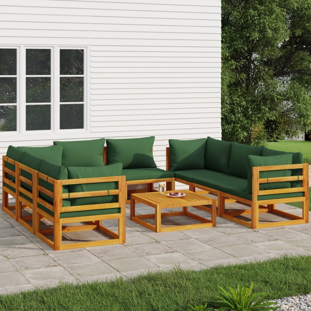 Set Salotto Da Giardino 9pz Con Cuscini Verdi In Legno Massello