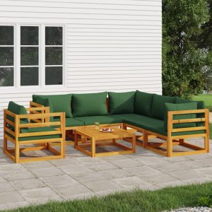 Set Salotto Da Giardino 7pz Con Cuscini Verdi In Legno Massello