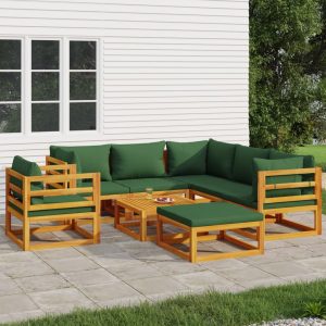 Set Salotto Da Giardino 8pz Con Cuscini Verdi In Legno Massello