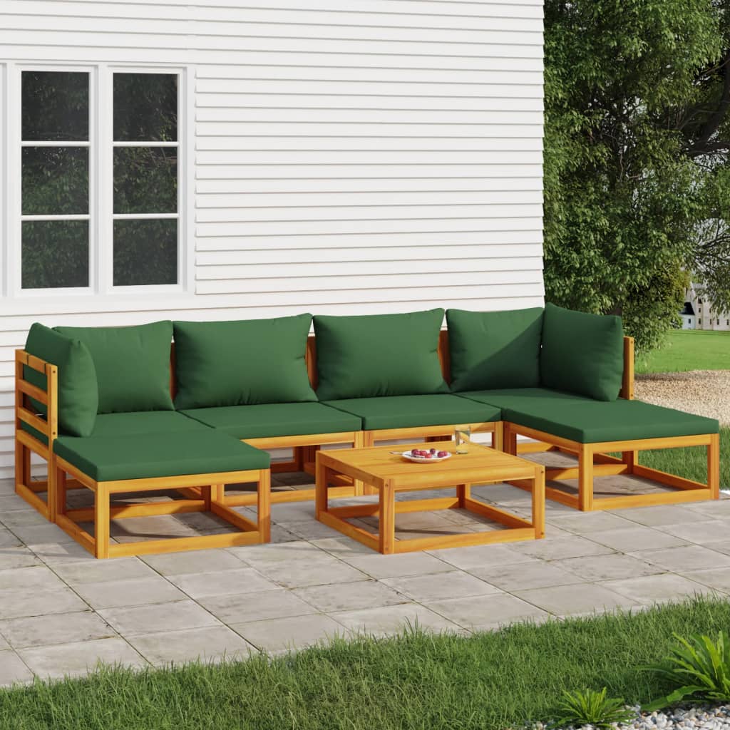 Set Salotto Da Giardino 7pz Con Cuscini Verdi In Legno Massello