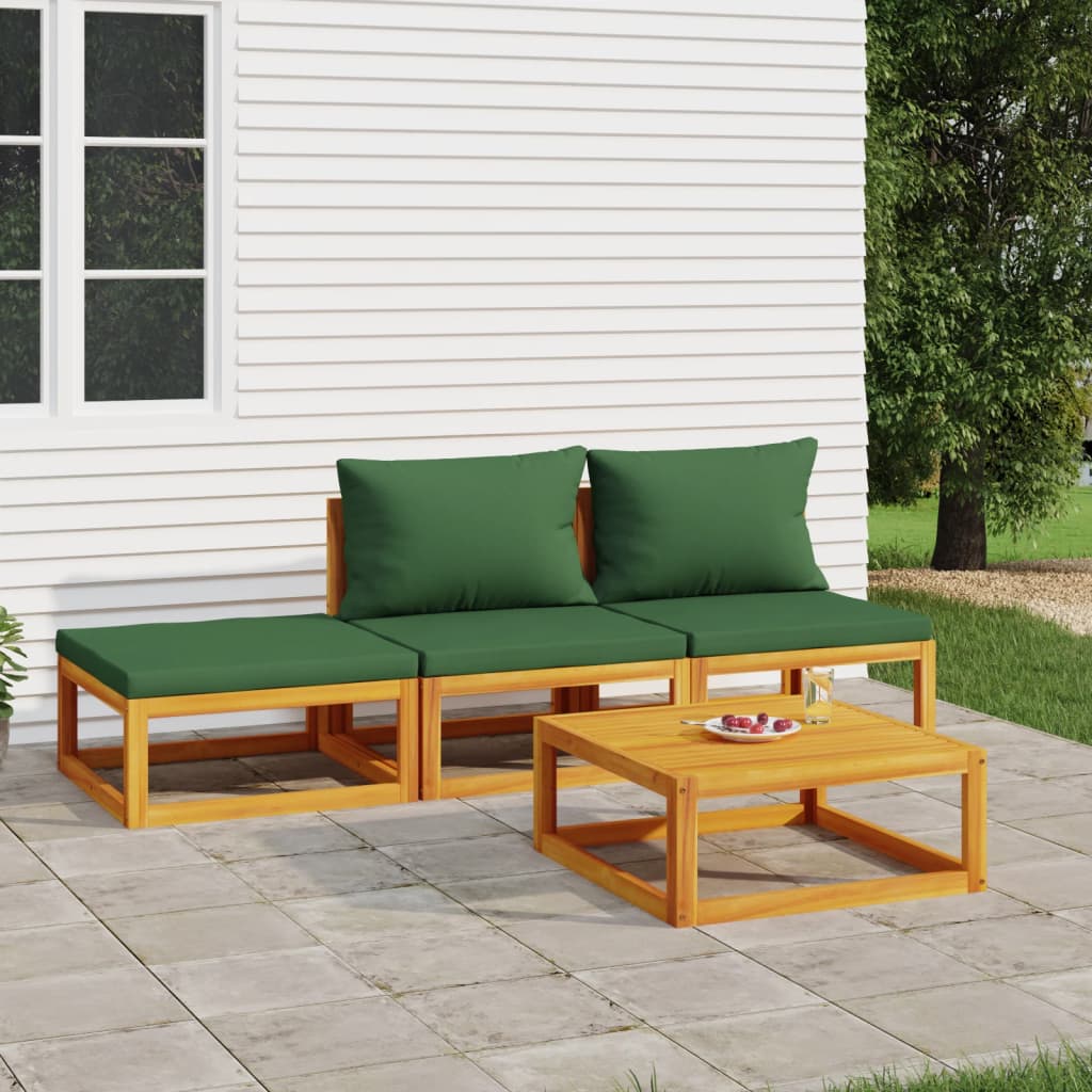 Set Salotto Da Giardino 4 Pz Con Cuscini Verdi Legno Massello