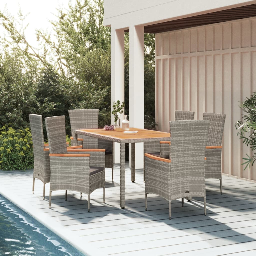Set Da Pranzo Da Giardino 7 Pz Con Cuscini In Polyrattan Grigio