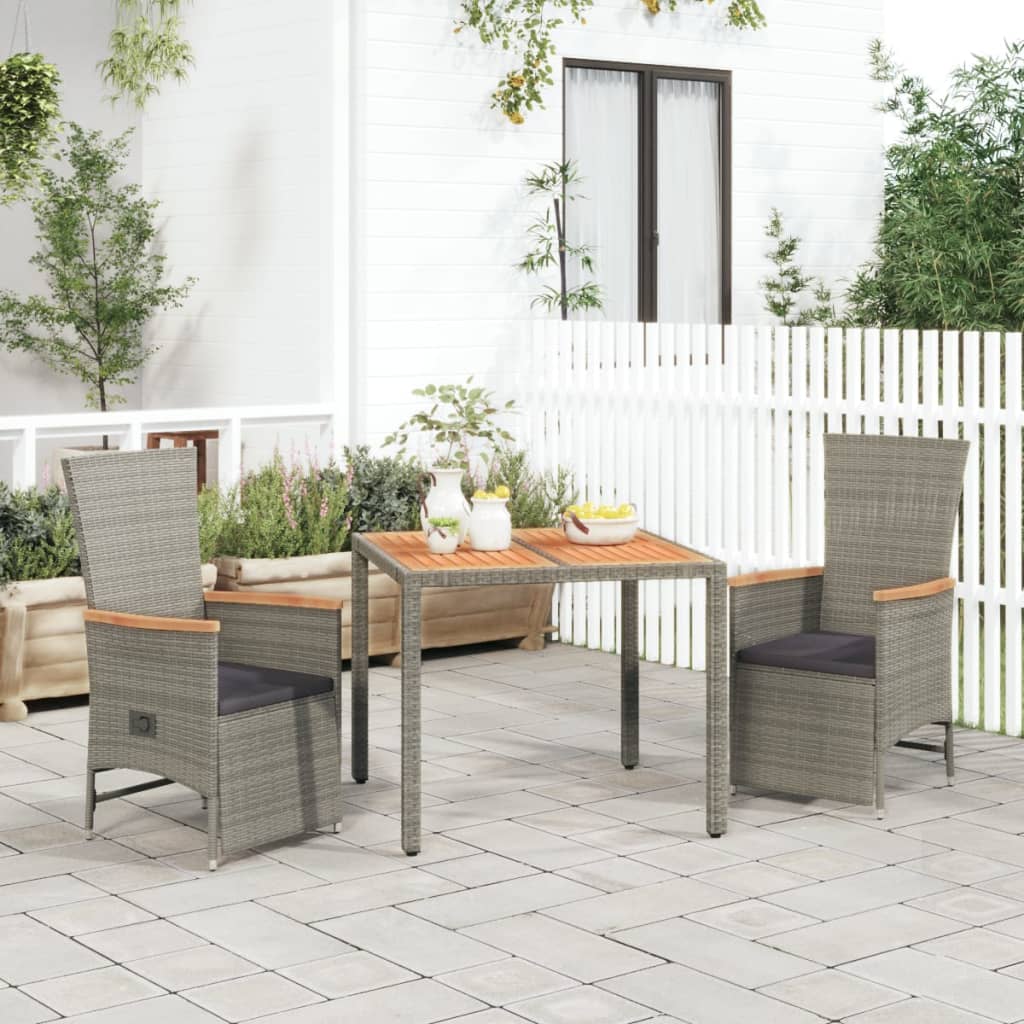Set Da Pranzo Da Giardino 3 Pz Con Cuscini In Polyrattan Grigio