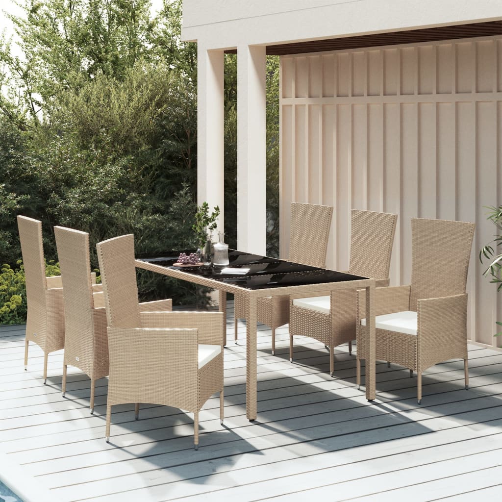 Set Da Pranzo Da Giardino 7 Pz Con Cuscini Beige In Polyrattan