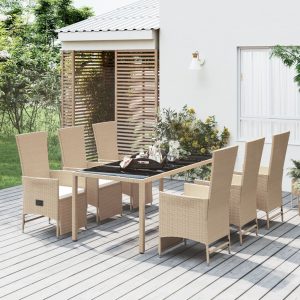 Set Da Pranzo Da Giardino 7 Pz Con Cuscini Beige In Polyrattan