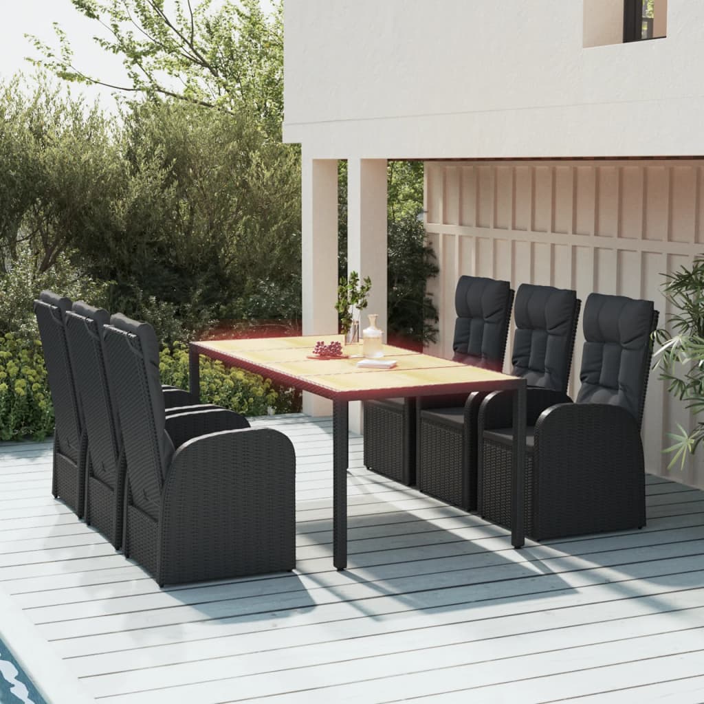 Set Da Pranzo Da Giardino 7 Pz Nero Con Cuscini In Polyrattan