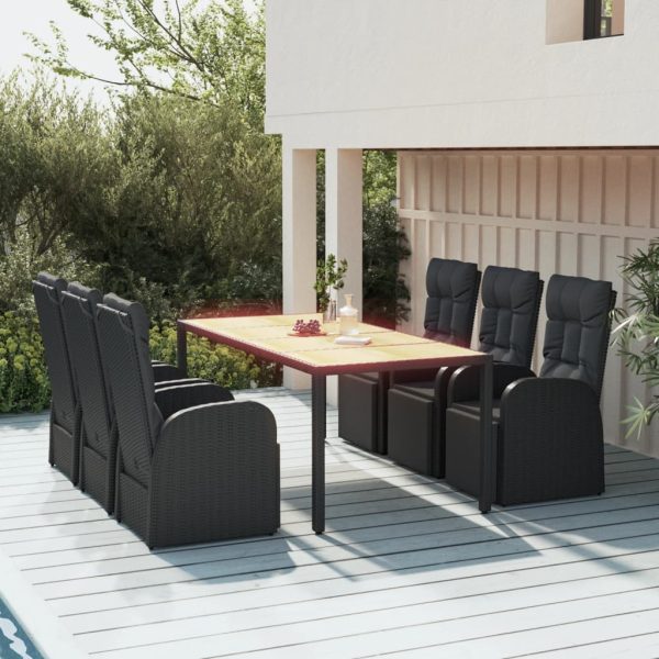 Set Pranzo Giardino 7pz Nero Polyrattan E Legno Massello Acacia