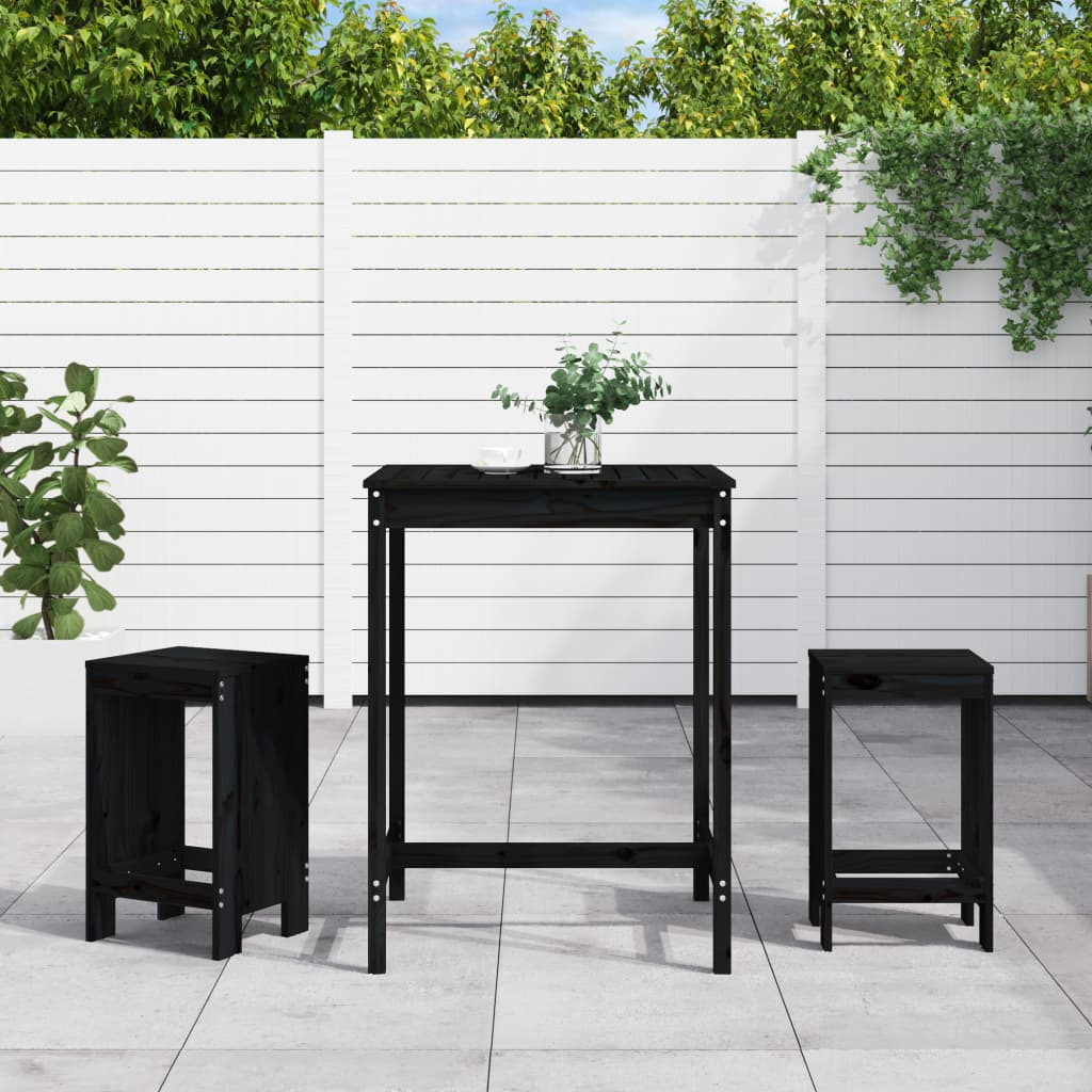 Set Bar Da Giardino 3 Pz Nero In Legno Massello Di Pino