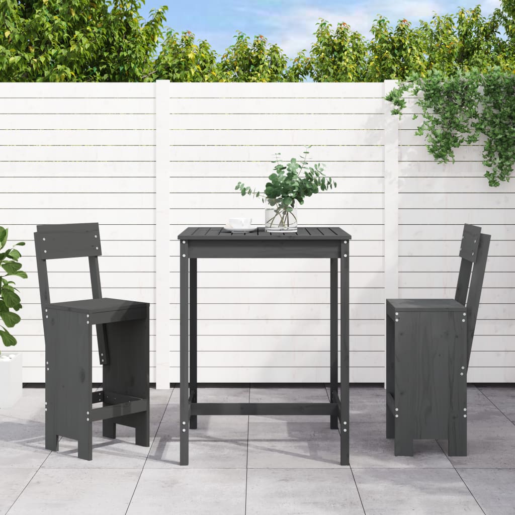 Set Bar Da Giardino 3 Pz Grigio In Legno Massello Di Pino