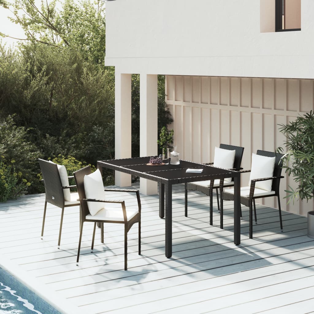 Set Da Pranzo Da Giardino 5 Pz Nero Con Cuscini In Polyrattan