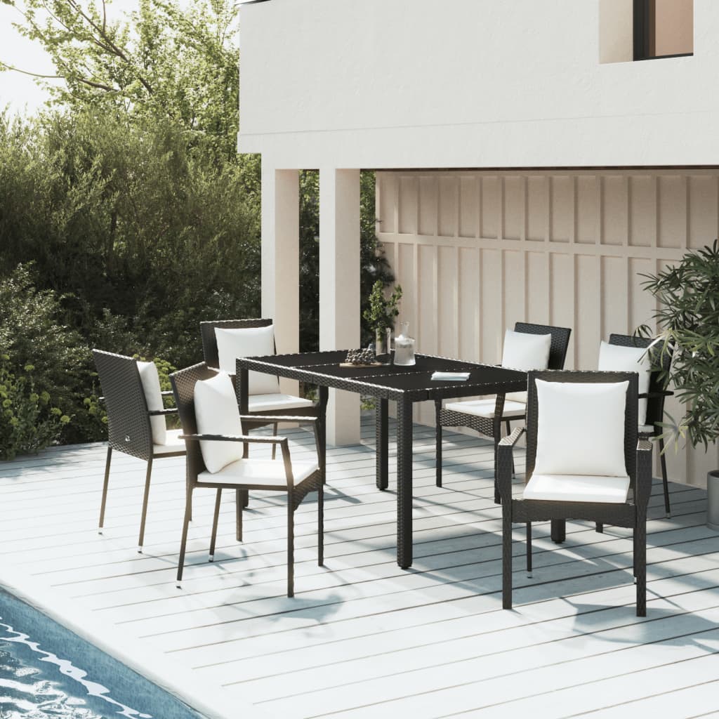 Set Da Pranzo Da Giardino 7 Pz Nero Con Cuscini In Polyrattan