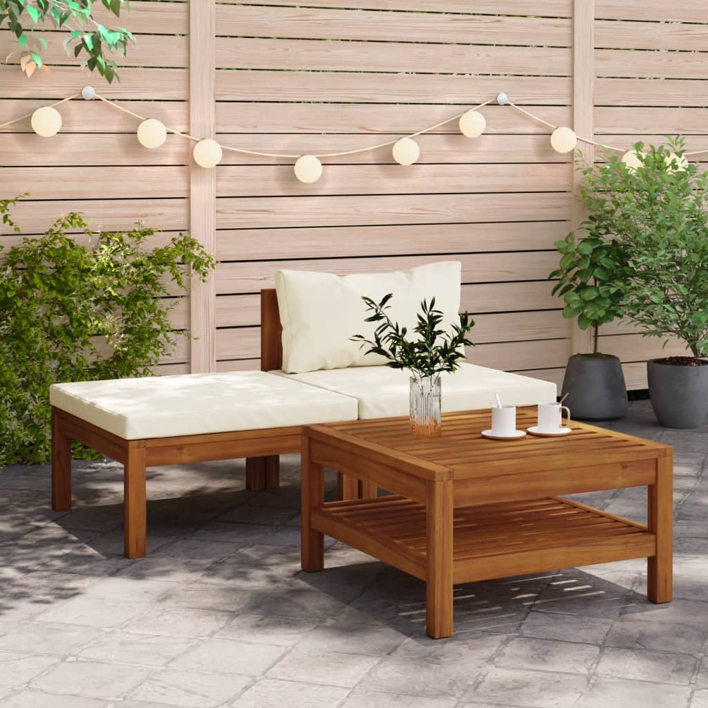 Set Divani Giardino 3 Pz Cuscini Bianco Crema In Legno D'acacia