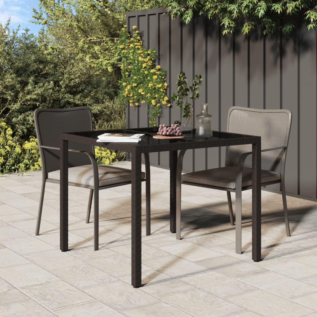 Tavolo Giardino 90x90x75cm Vetro Temperato E Polyrattan Marrone