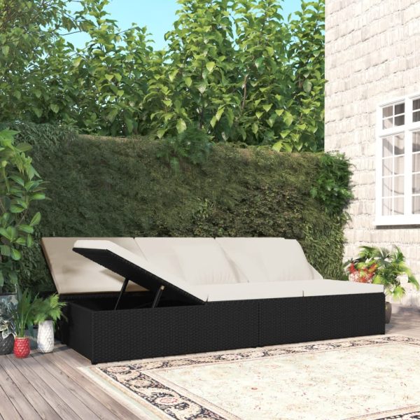 Lettino Prendisole Reclinabile Con Cuscini In Polyrattan Nero
