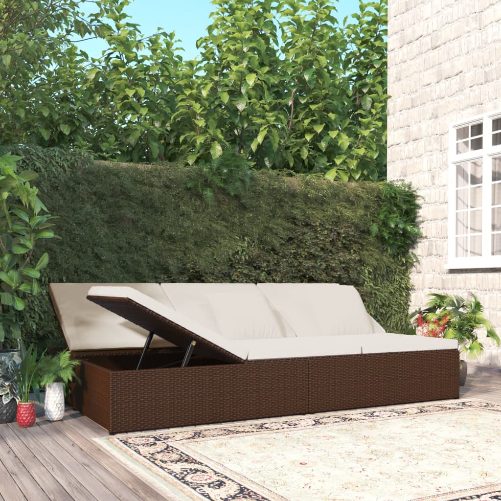 Lettino Prendisole Reclinabile Con Cuscini Polyrattan Marrone