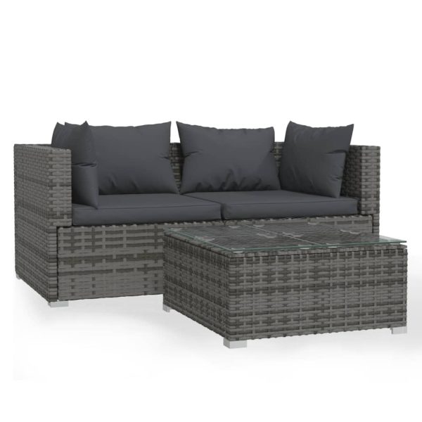 Set Divani Da Giardino 3 Pz Con Cuscini In Polyrattan Grigio - Image 2
