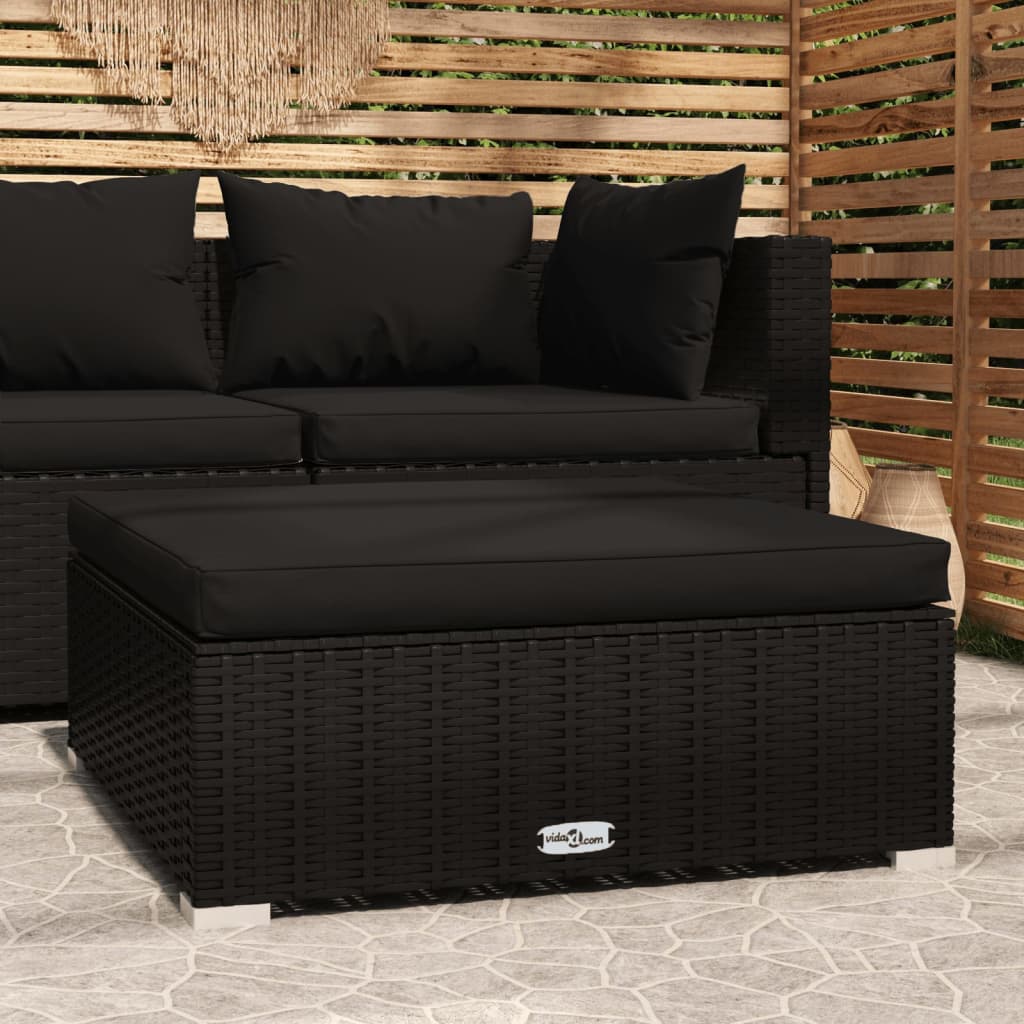 Poggiapiedi Da Giardino Con Cuscino Nero 70x70x30 Cm Polyrattan